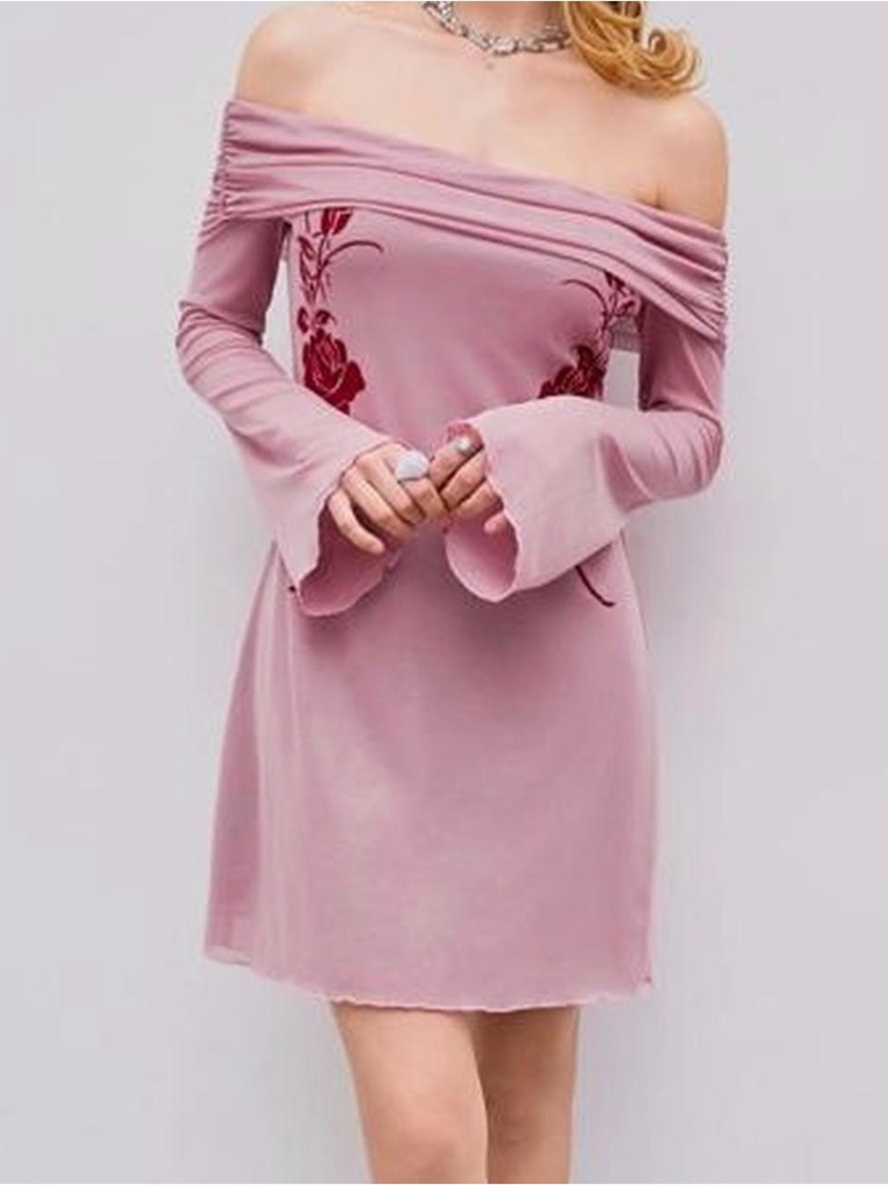 Cider Off-Shoulder Pink Dress with Red Roses